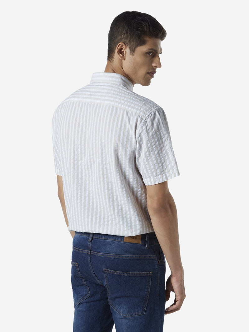 WES Casuals Beige Seersucker Relaxed Fit Shirt