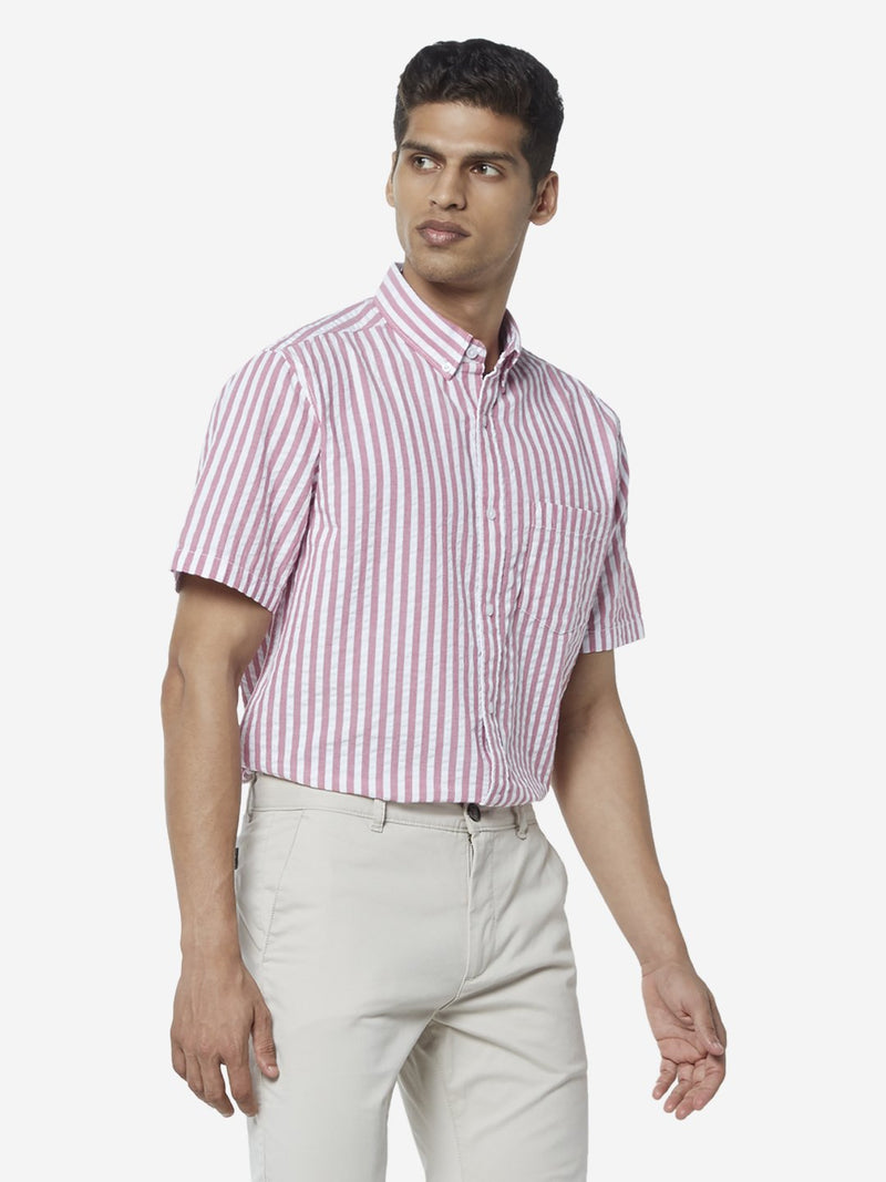 WES Casuals Pink Seersucker Relaxed Fit Shirt