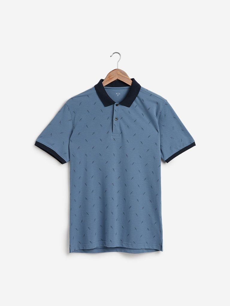 WES Casuals Blue Printed Slim Fit Polo T-Shirt
