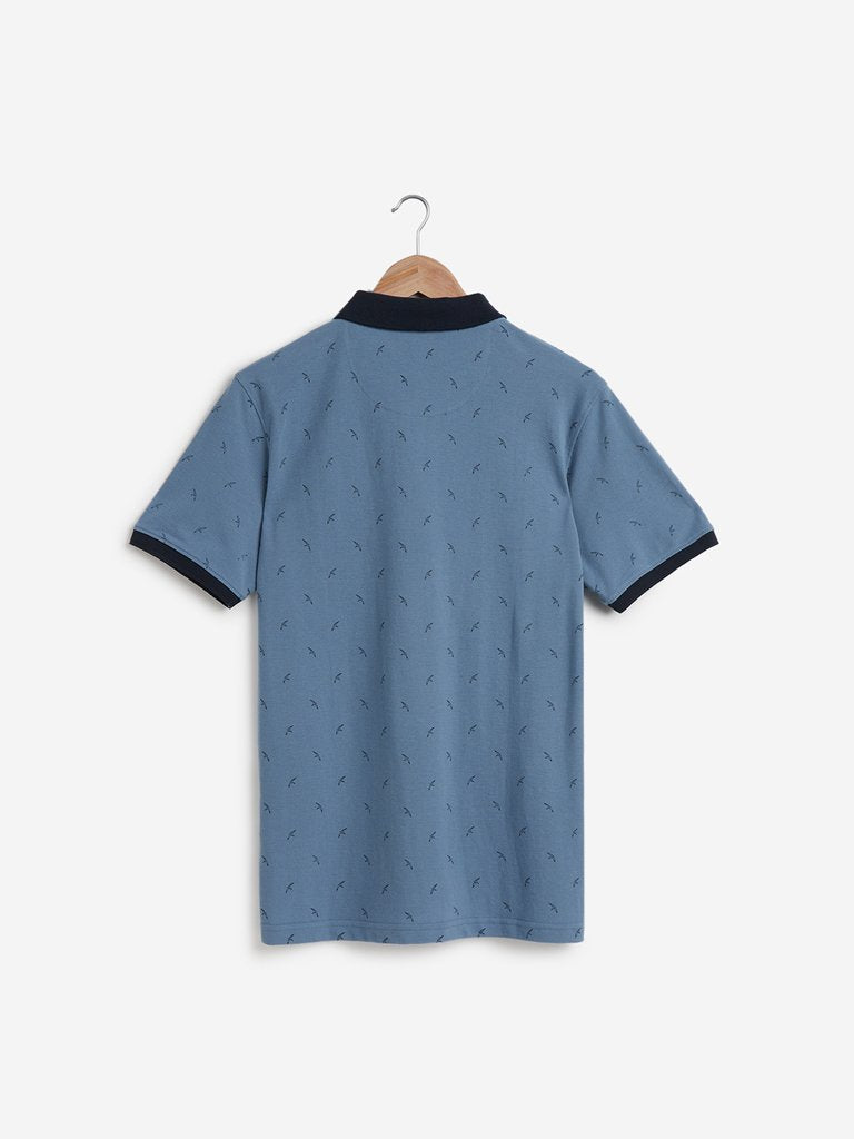WES Casuals Blue Printed Slim Fit Polo T-Shirt