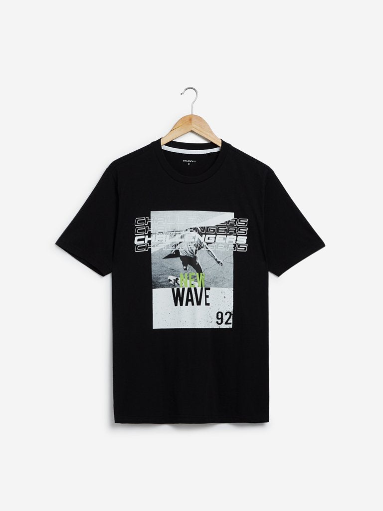 Studiofit Black Graphic Print Slim Fit T-Shirt