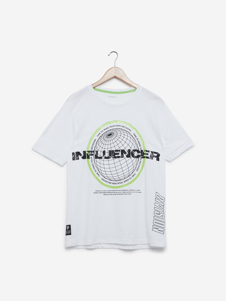 Studiofit White Text Print Slim Fit T-Shirt