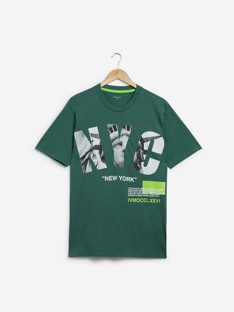 Studiofit Green Text Print Slim Fit T-Shirt