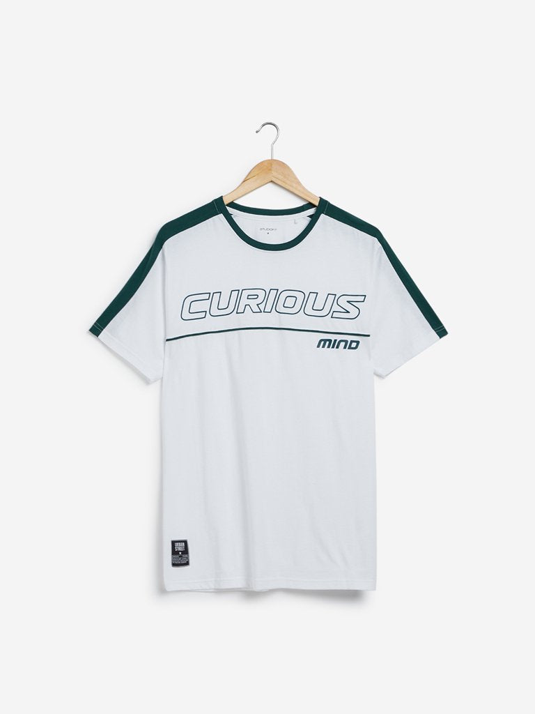 Studiofit White Text Patterned Slim Fit T-Shirt