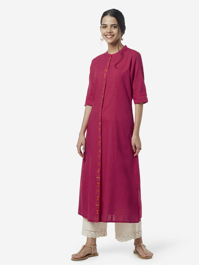 Utsa Pink Kantha Embroidered A-Line Kurta