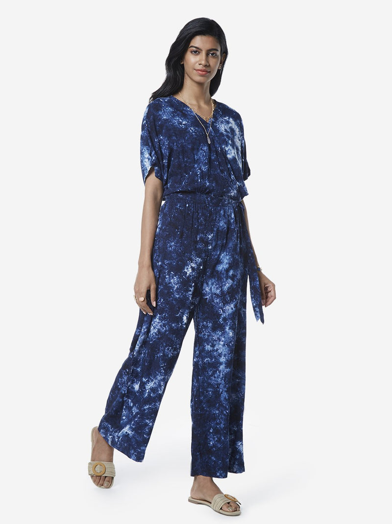 LOV Dark Blue Tie-Dye Patterned Jumpsuit