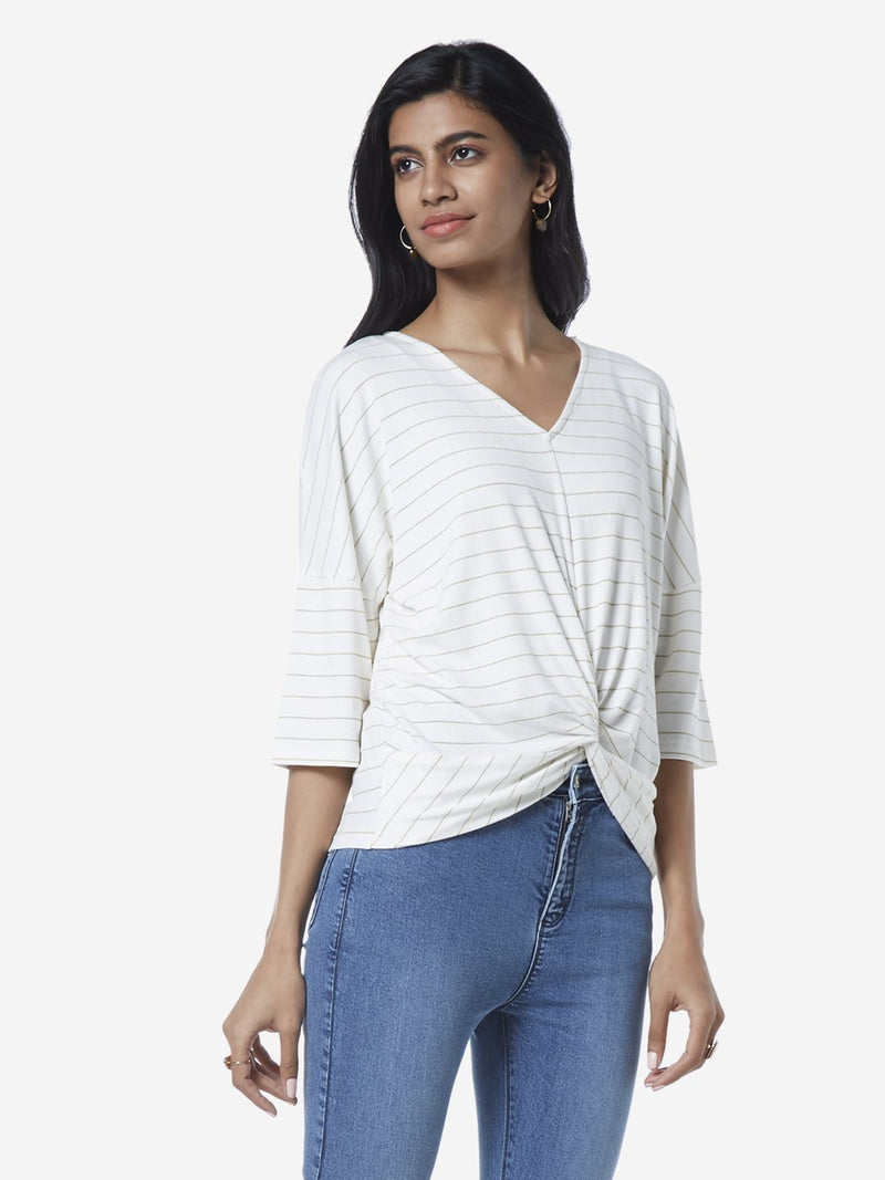 LOV White Striped Deni Top