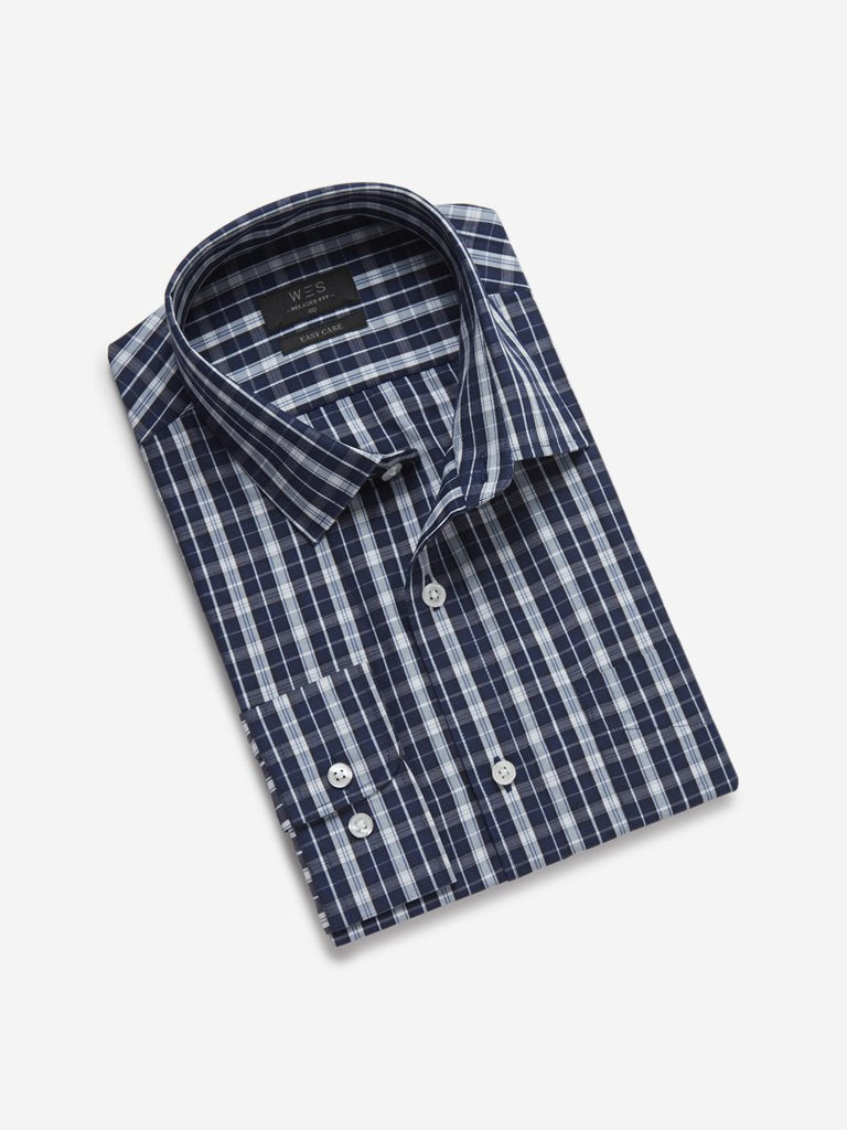 WES Formals Navy Checked Relaxed Fit Shirt
