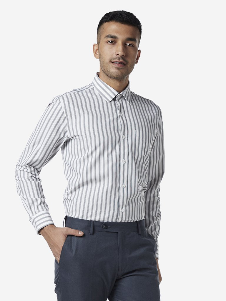 WES Formals White Striped Relaxed Fit Shirt