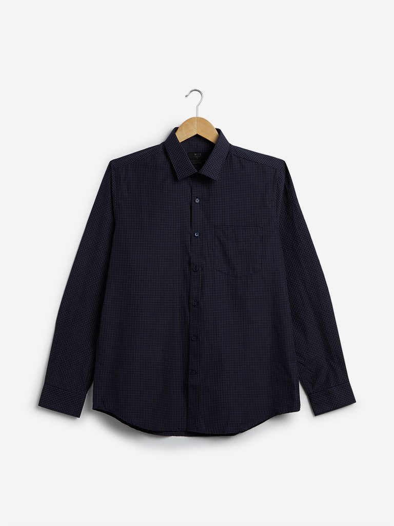 WES Formals Navy Checkered Slim Fit Shirt