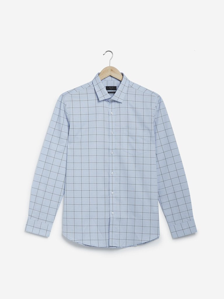 WES Formals Blue Slim Fit Checked Shirt