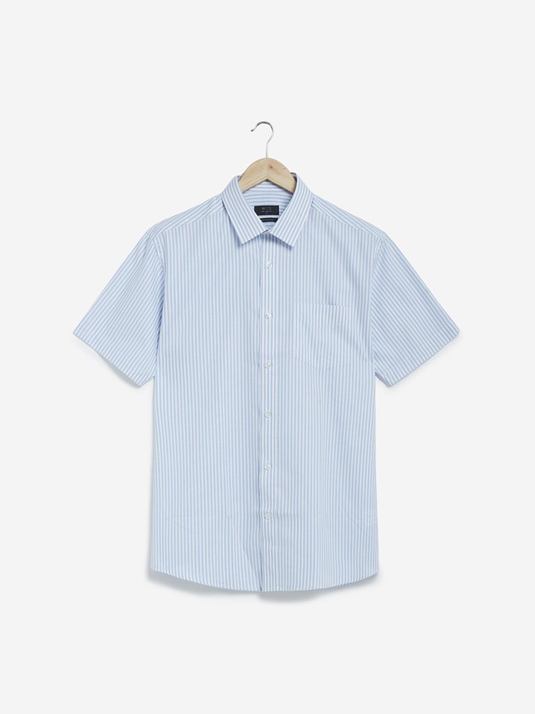 WES Formals Light Blue Striped Relaxed Fit Shirt