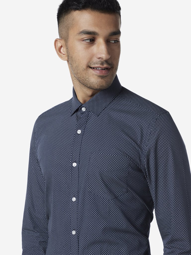 WES Formals Dark Blue Circular Print Slim Shirt