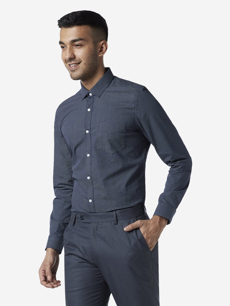 WES Formals Dark Blue Circular Print Slim Shirt