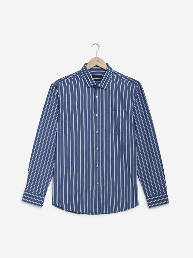 WES Formals Dark Blue Slim Fit Striped Shirt
