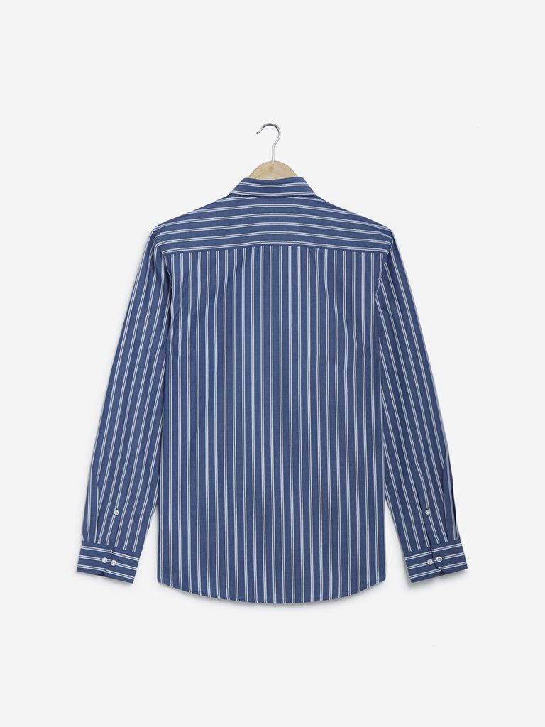 WES Formals Dark Blue Slim Fit Striped Shirt