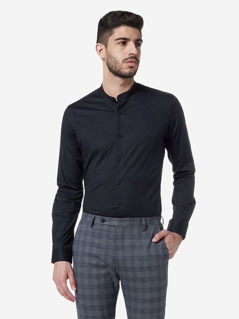 WES Formals Navy Band Neck Ultra-Slim Fit Shirt