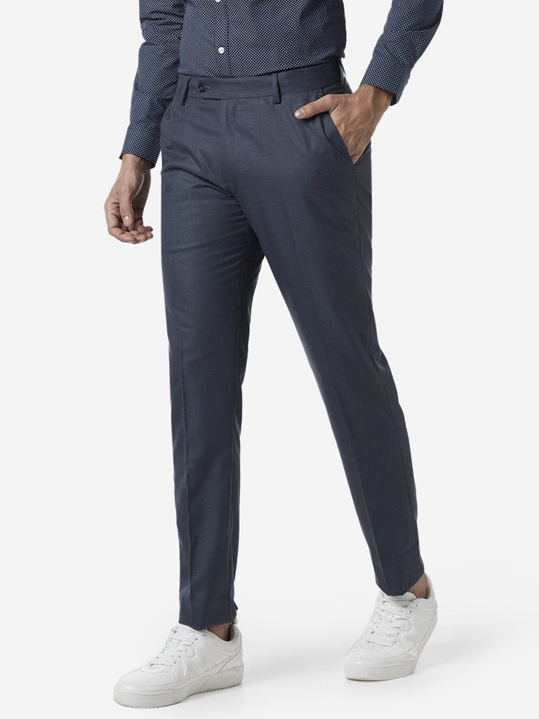 WES Formals Dark Blue Relaxed Fit Trousers