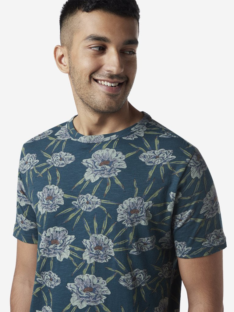 ETA Teal Slim Fit Floral Pattern T-Shirt