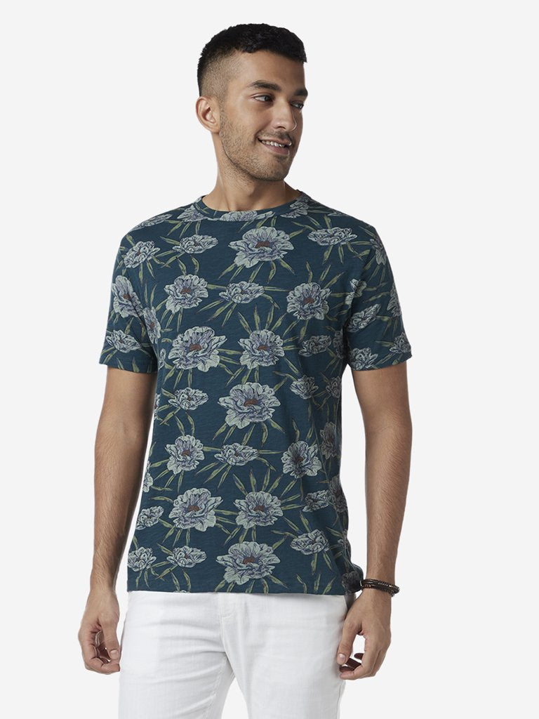 ETA Teal Slim Fit Floral Pattern T-Shirt
