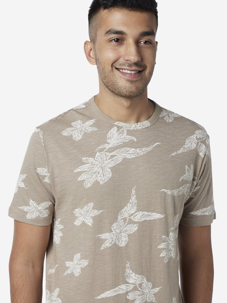 ETA Light Taupe Slim Fit Floral Design T-Shirt