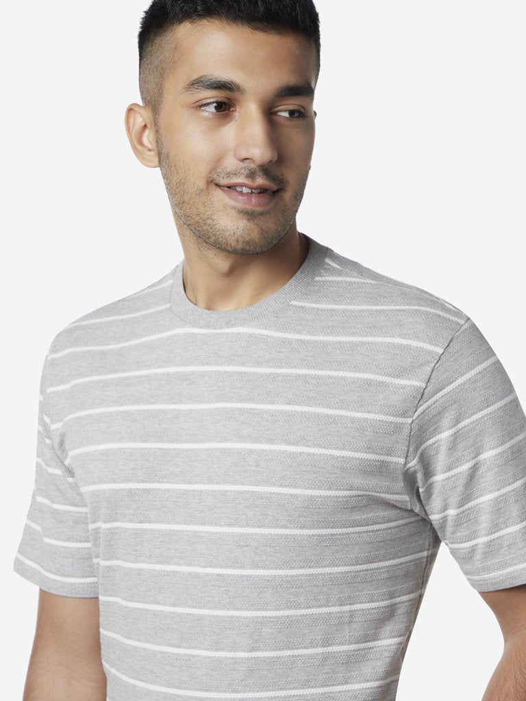 Ascot Light Grey Striped Relaxed Fit T-Shirt