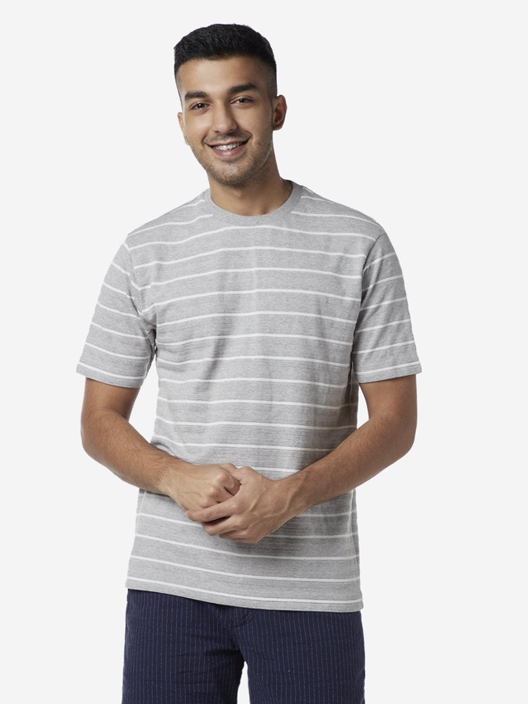 Ascot Light Grey Striped Relaxed Fit T-Shirt