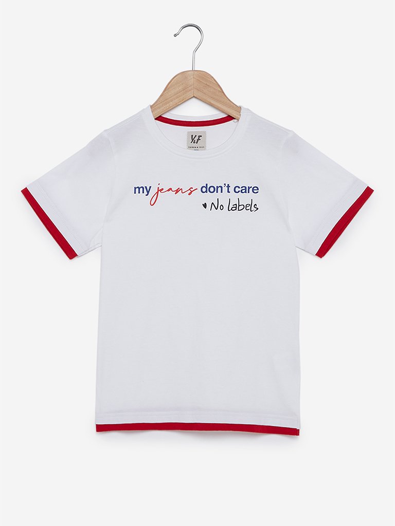 Y&F Kids White Typographic Printed T-Shirt