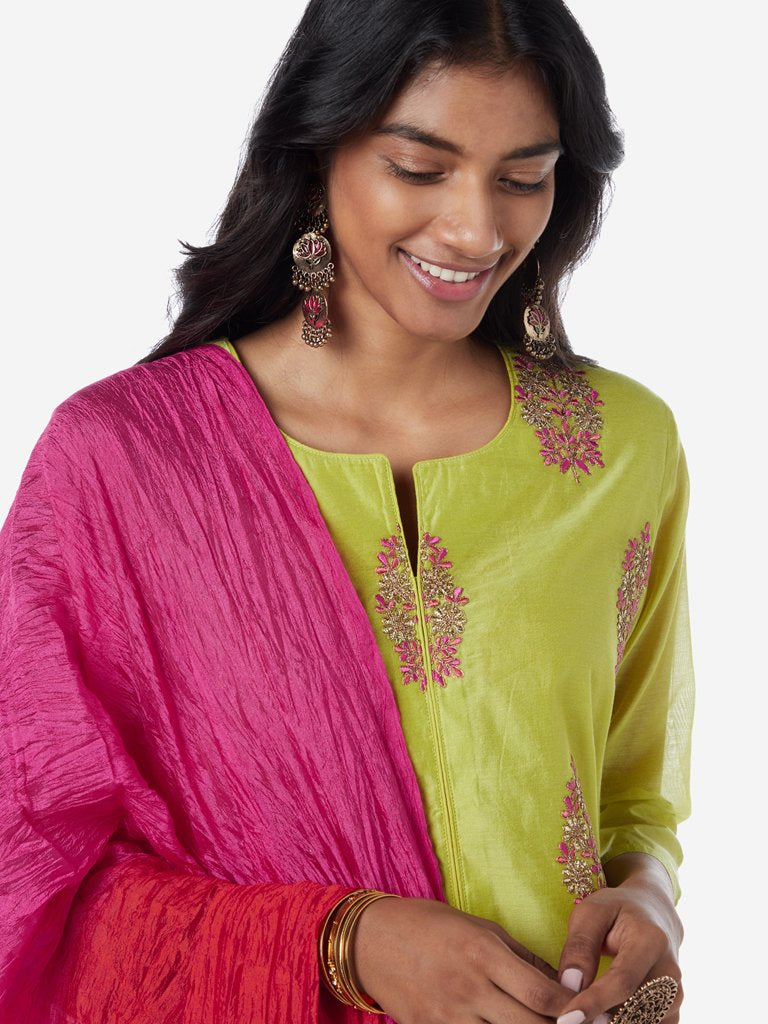 Vark Lime Floral Kurta, Palazzos And Dupatta Set
