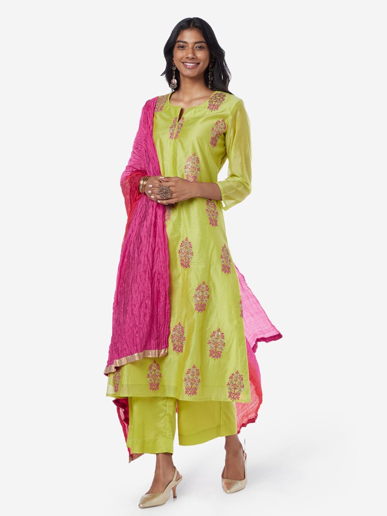 Vark Lime Floral Kurta, Palazzos And Dupatta Set