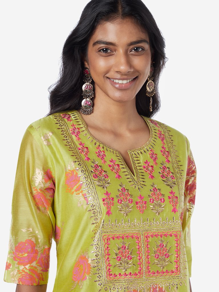 Vark Lime A-Line Floral Kurta And Palazzos Set