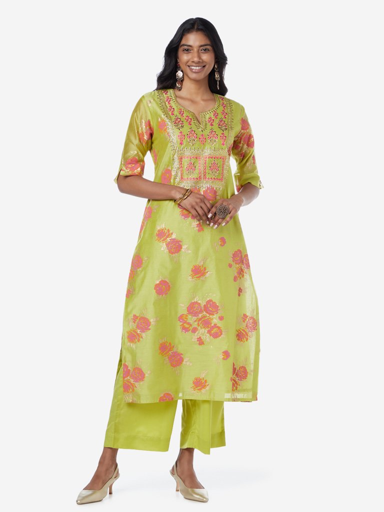 Vark Lime A-Line Floral Kurta And Palazzos Set
