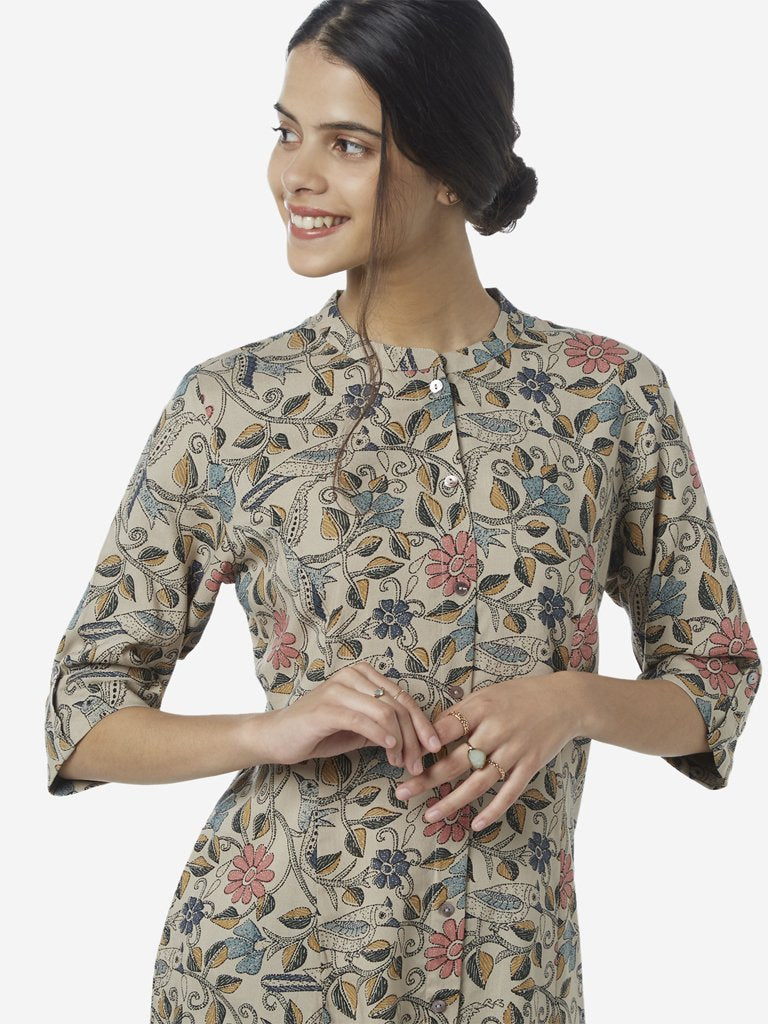 Utsa Grey Floral Print A-line Kurti