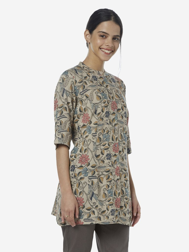 Utsa Grey Floral Print A-line Kurti