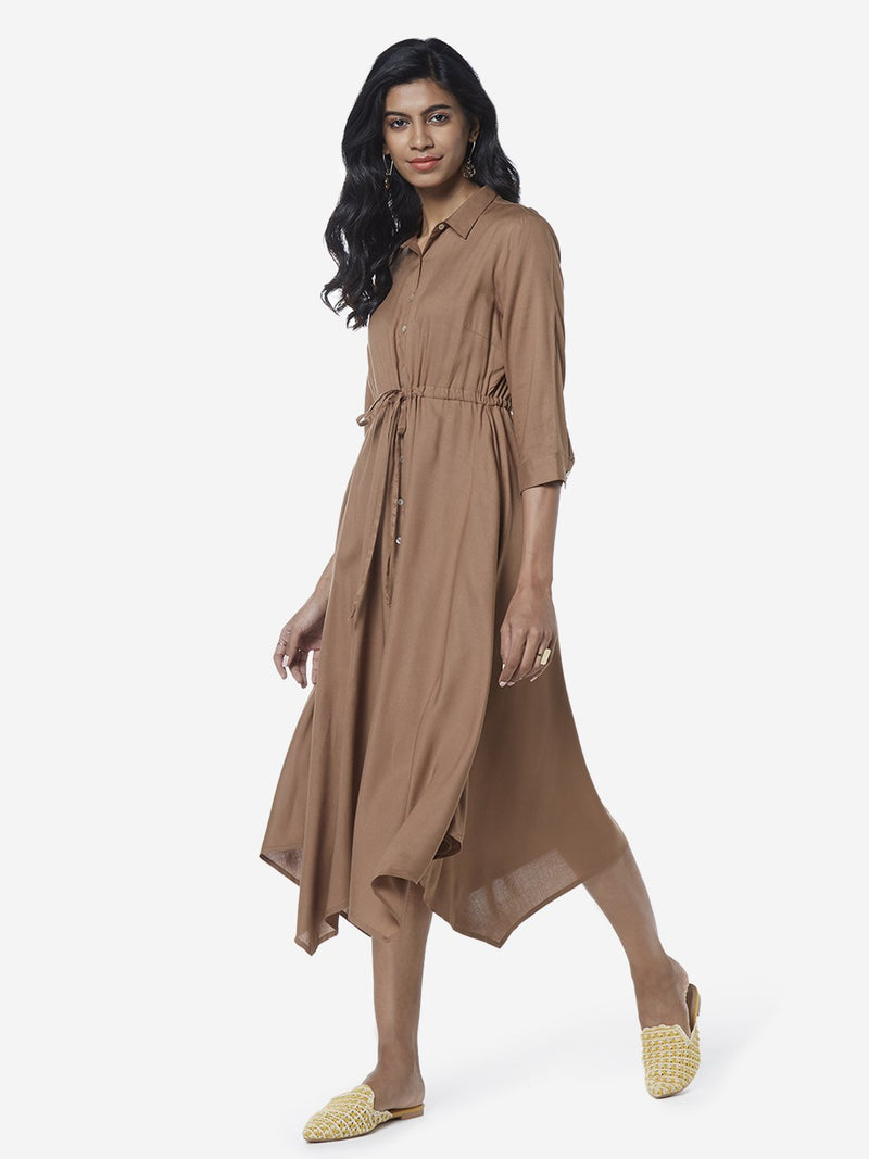 LOV Brown Asymmetrical Ava Shirtdress