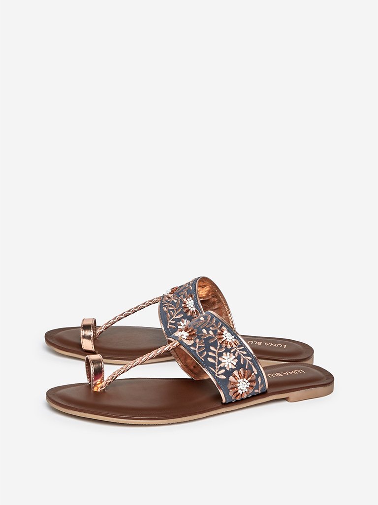 LUNA BLU Blue Embroidered Kolhapuri Sandals