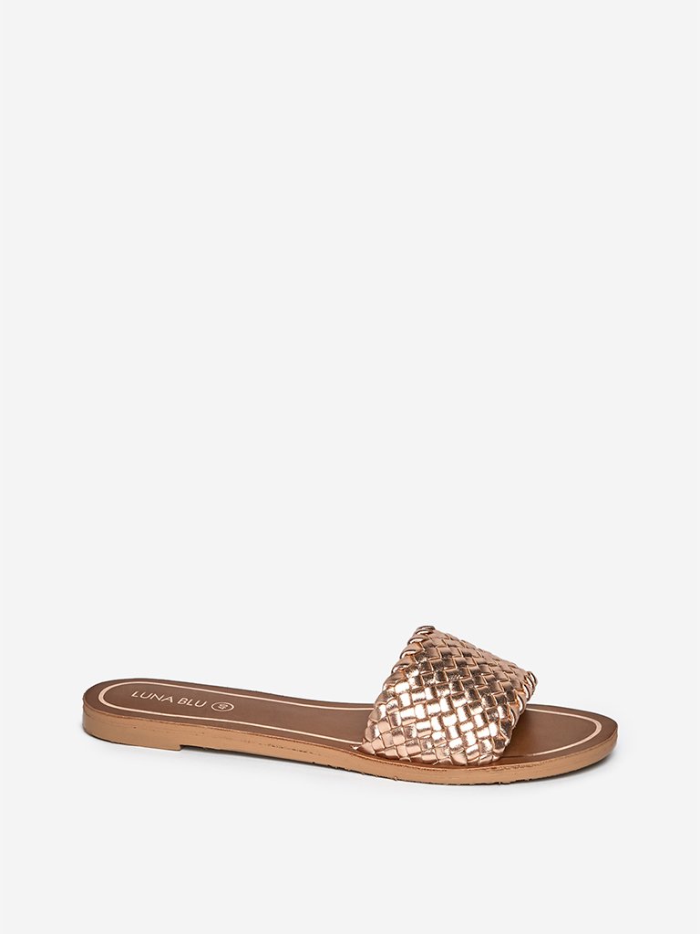 LUNA BLU Rose Gold Weave Patterned Slides
