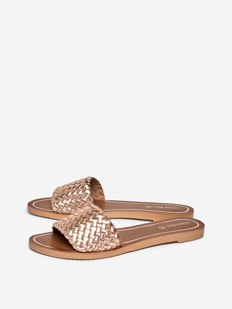 LUNA BLU Rose Gold Weave Patterned Slides