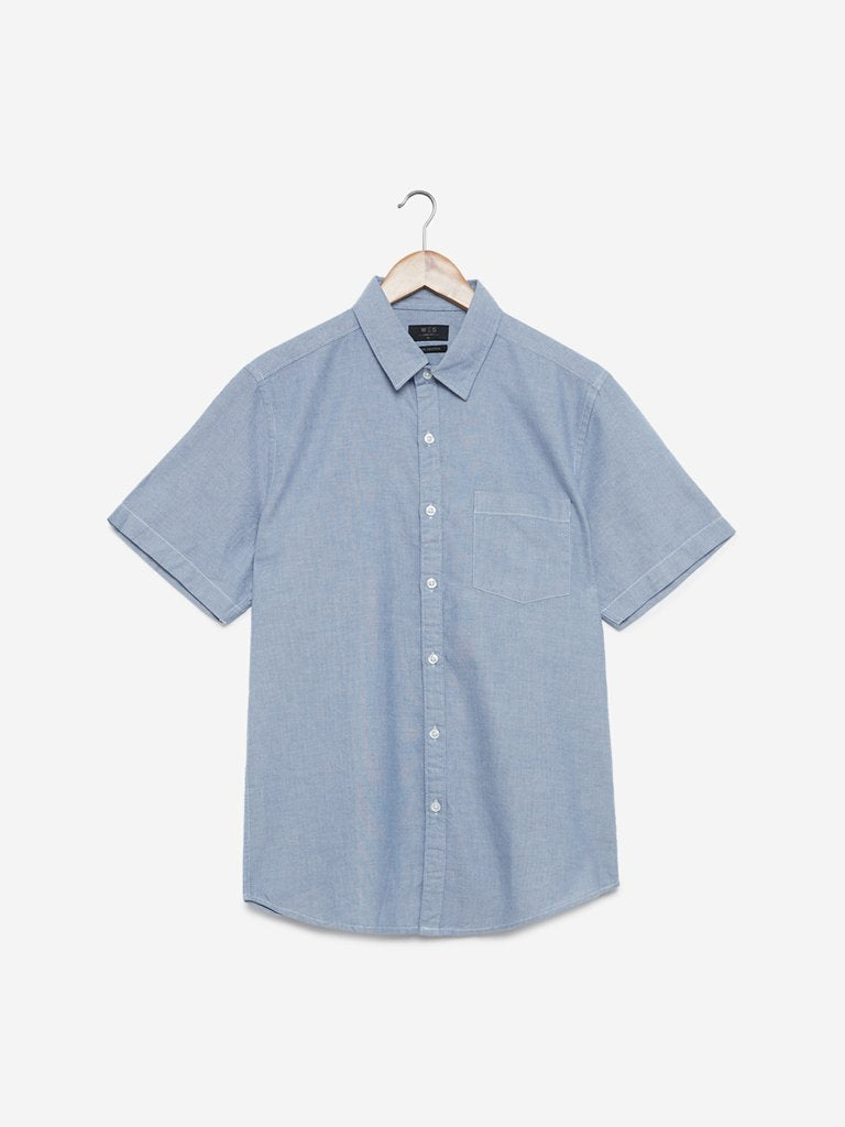 WES Casuals Blue Slim Fit Cotton Casual Shirt