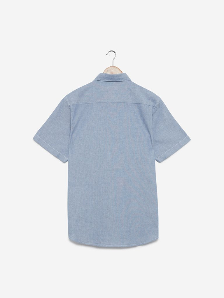 WES Casuals Blue Slim Fit Cotton Casual Shirt