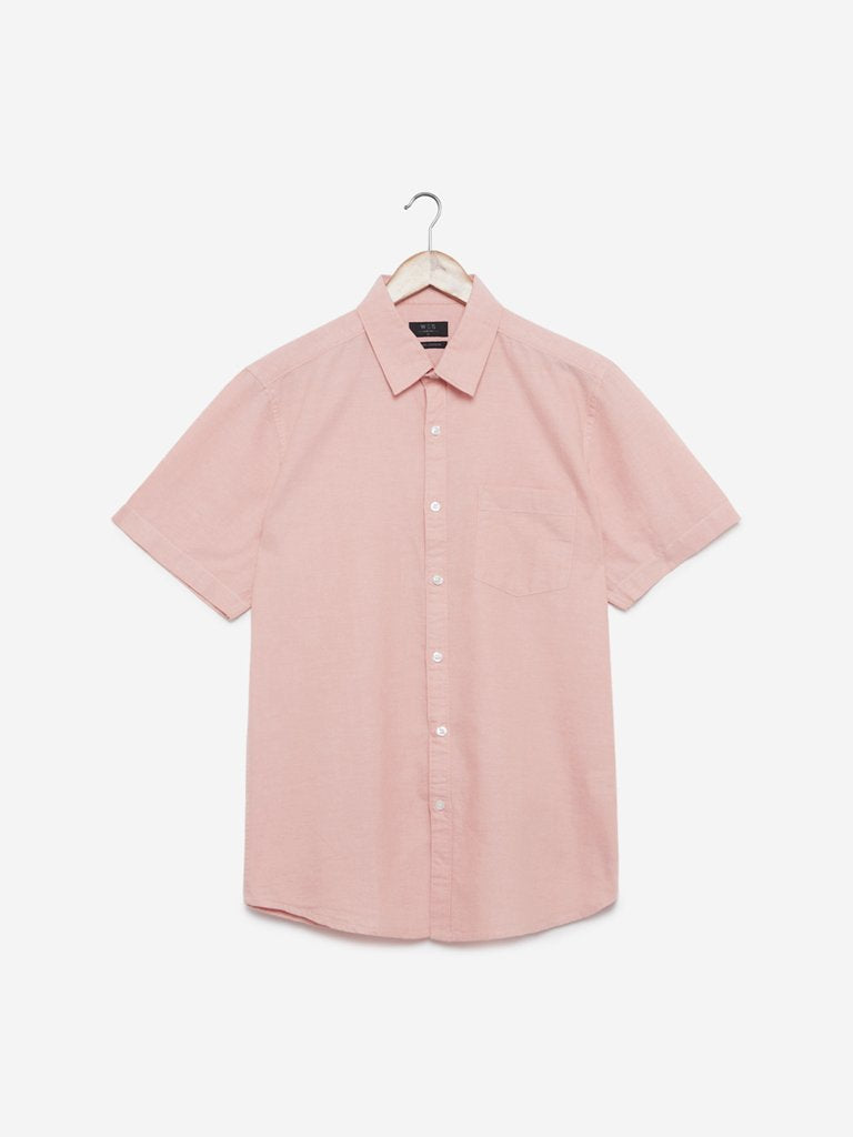 WES Casuals Peach Slim Fit Cotton Casual Shirt