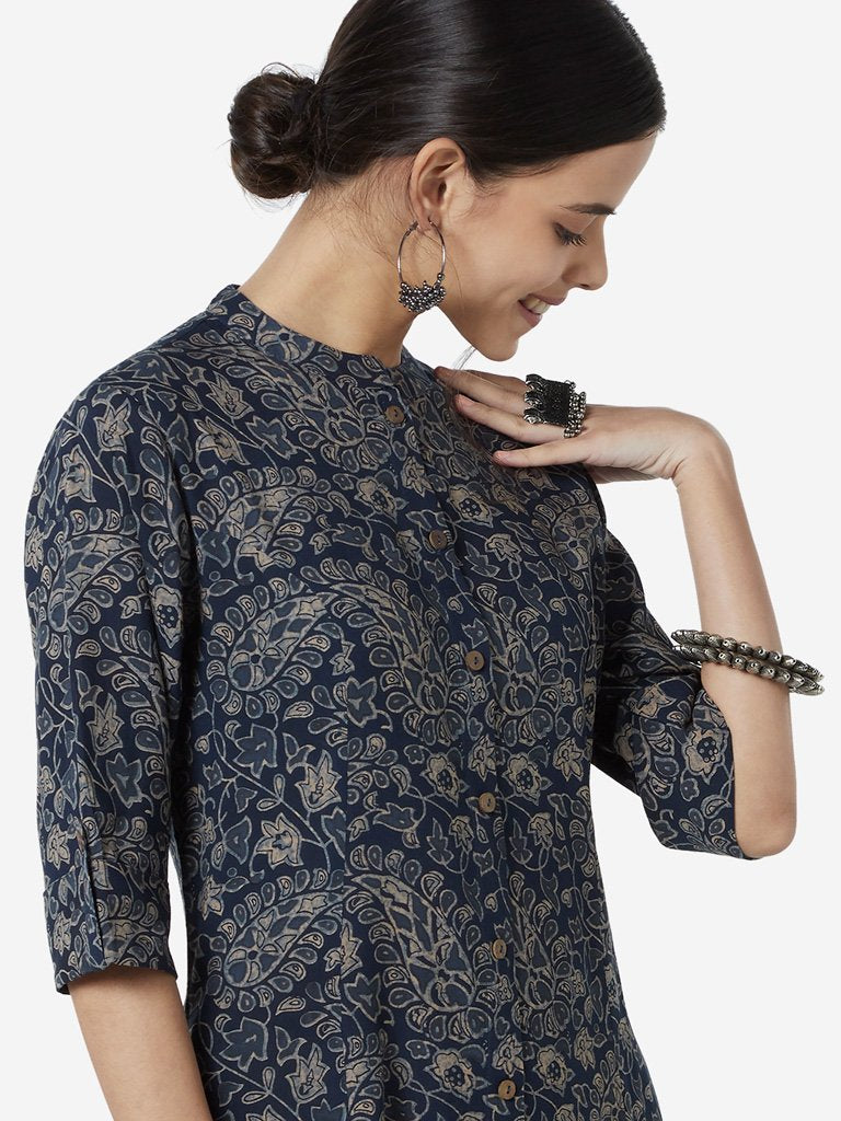 Utsa Indigo Paisley Print A-line Kurta