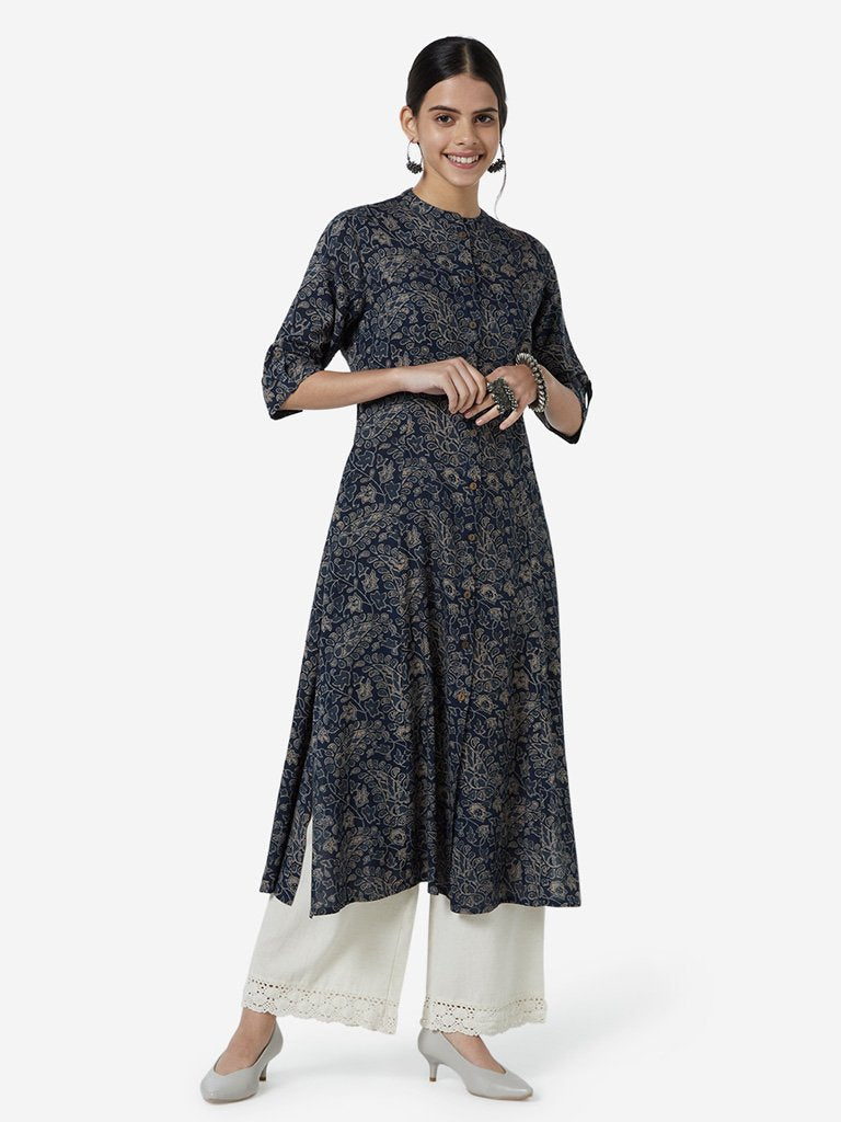 Utsa Indigo Paisley Print A-line Kurta