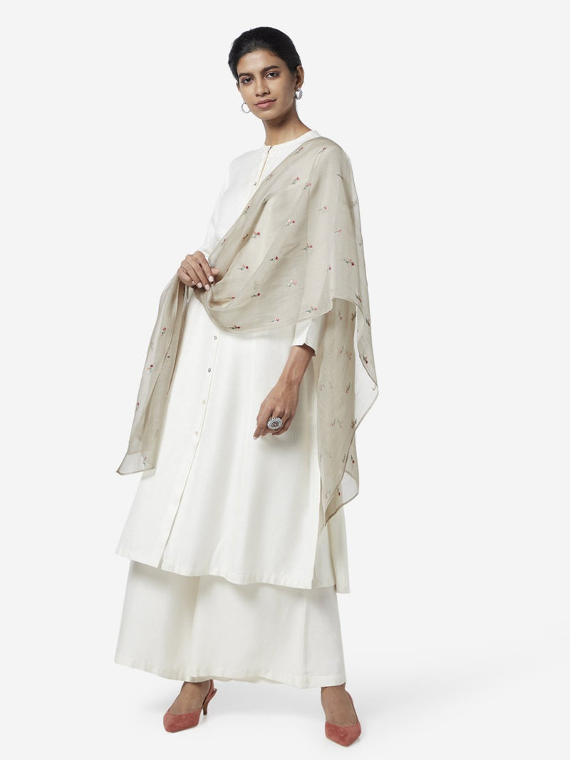 Zuba Taupe Floral Embroidered Cotton-Silk Stole