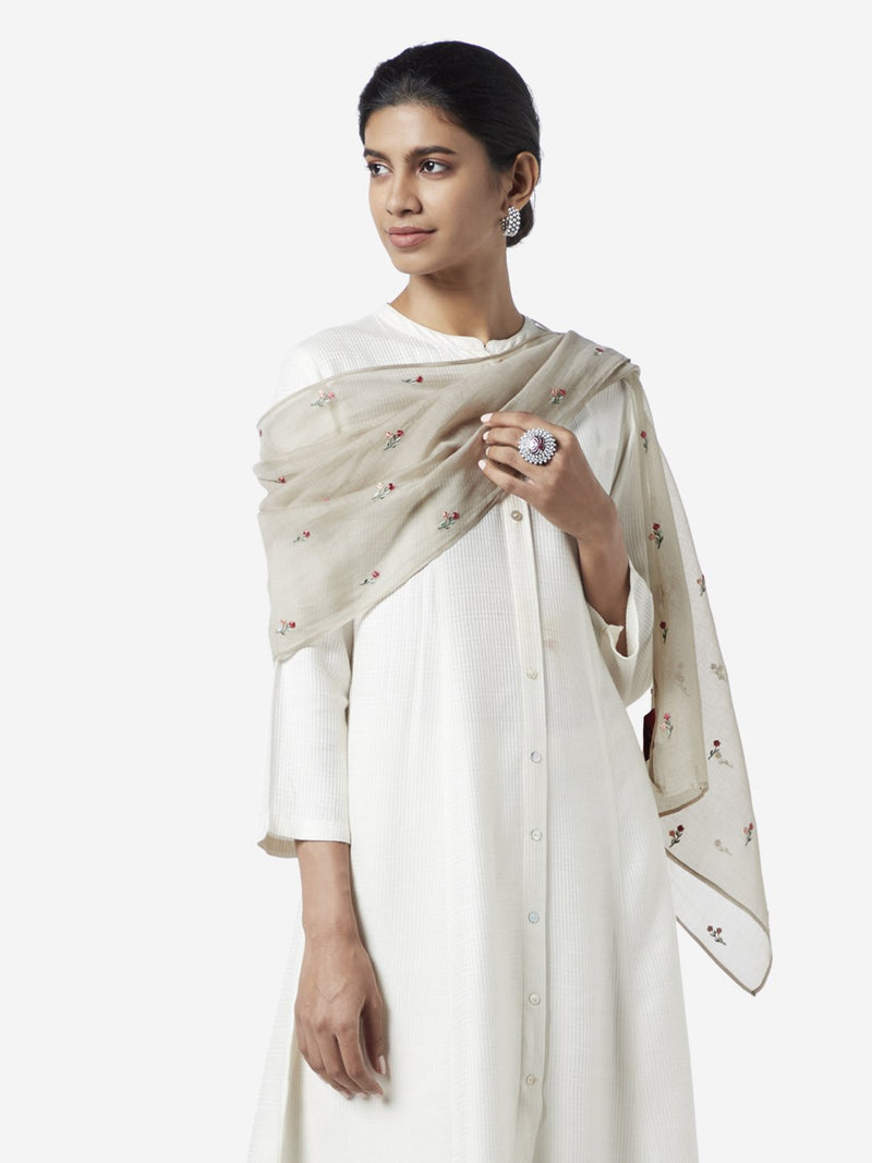 Zuba Taupe Floral Embroidered Cotton-Silk Stole