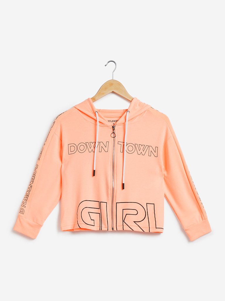 Studiofit Peach Text Print Hooded Crop T-Shirt