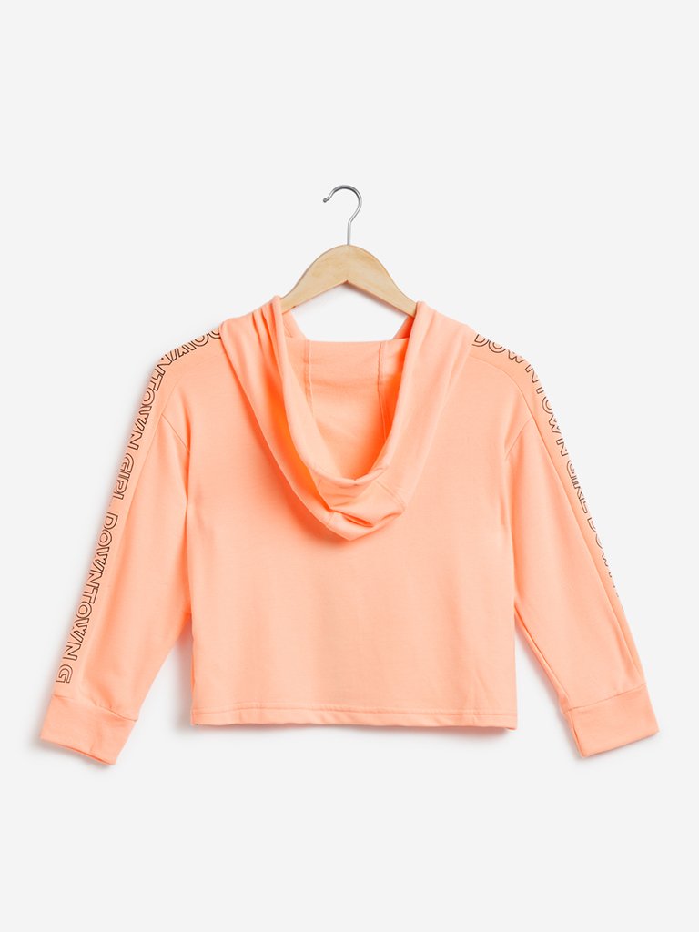 Studiofit Peach Text Print Hooded Crop T-Shirt