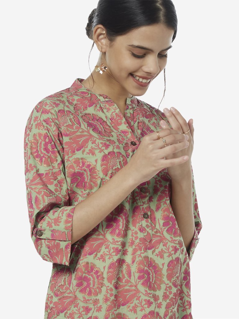 Utsa Lime Floral Print Straight Kurta