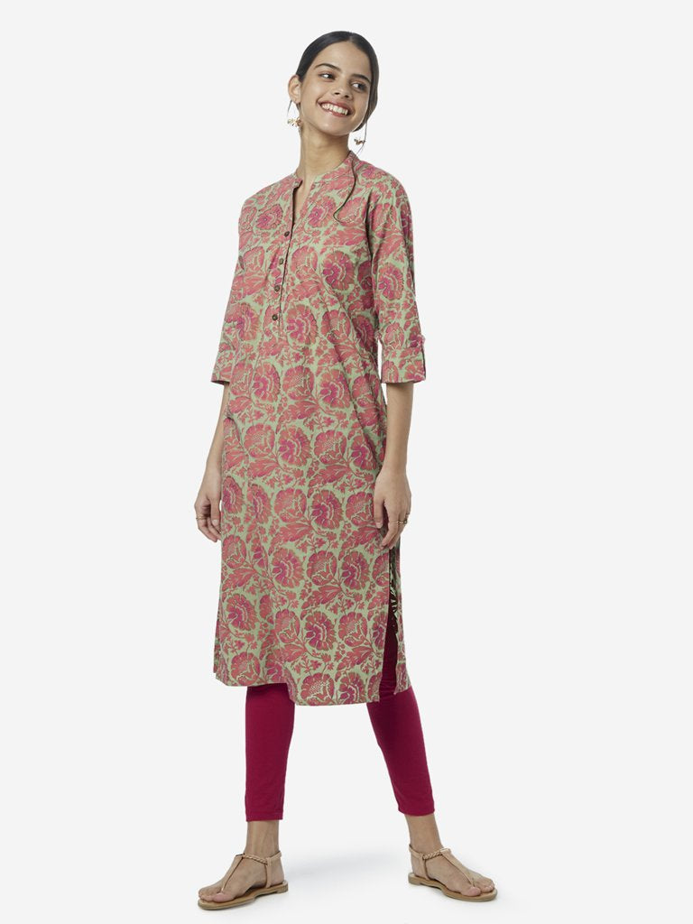 Utsa Lime Floral Print Straight Kurta