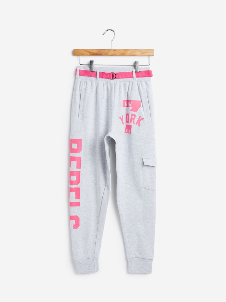 Studiofit Grey Text Print Joggers With Belt